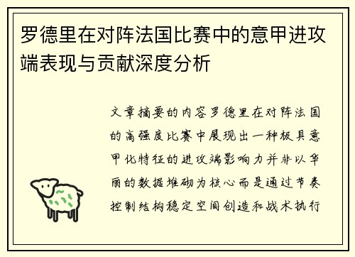 罗德里在对阵法国比赛中的意甲进攻端表现与贡献深度分析